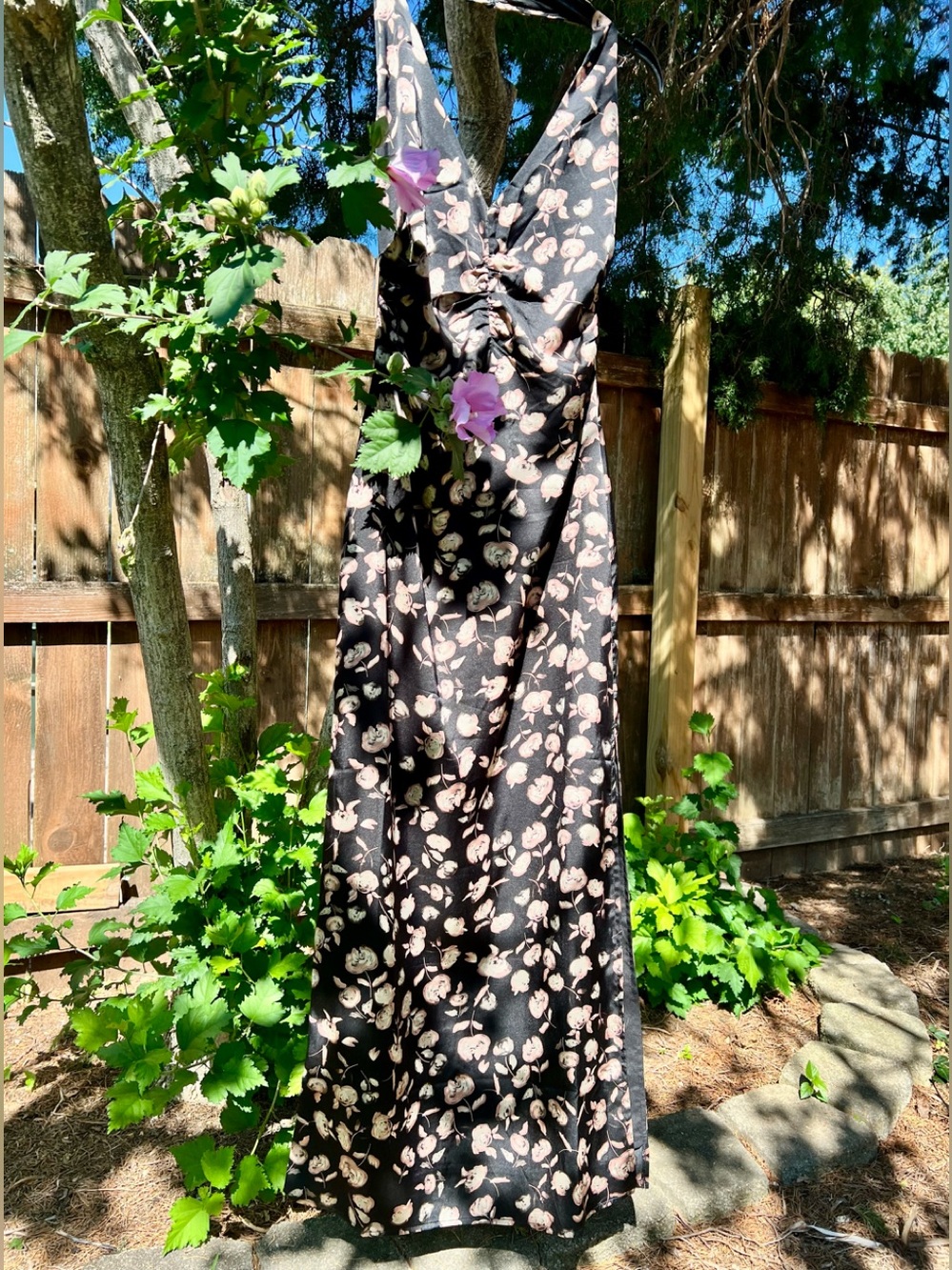 NWOT Vici Dolls Silky Satin Flowing Slit Side Halter Maxi Dress Black Floral S